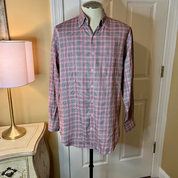 EUC Men's Peter Millar Crown Pink Brown Plaid Button Down Shirt Size MEDIUM - Picture 2 of 4